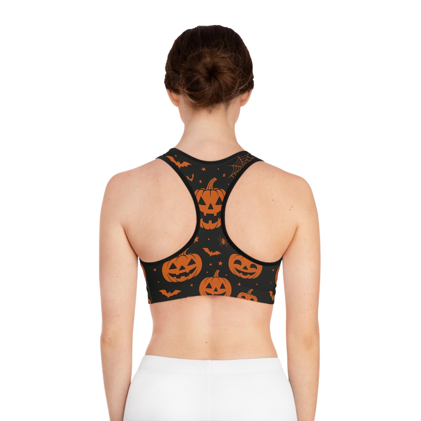 Halloween-Themed Sports Bra for Festive Workouts, Pumpkin Print Athletic Top, Spooky Fitness Gear, Holiday Activewear, Seasonal Gym Wear