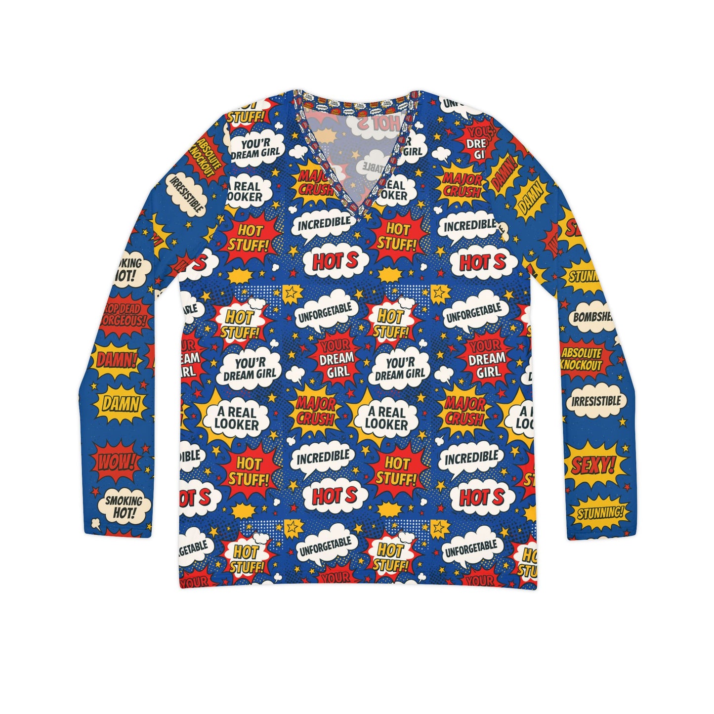 Positive affirmations blue women's Long Sleeve Graphic V-Neck Shirt, Fun Comic Pop Art Top, Casual Wear, Gift for Her, Birthday Tee, Statement Shirt