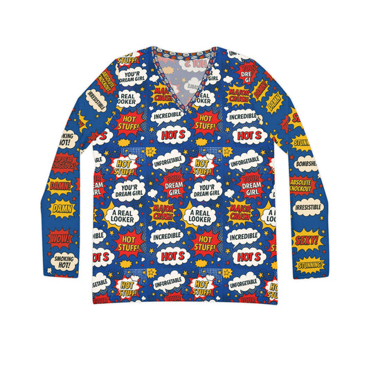 Positive affirmations blue women's Long Sleeve Graphic V-Neck Shirt, Fun Comic Pop Art Top, Casual Wear, Gift for Her, Birthday Tee, Statement Shirt