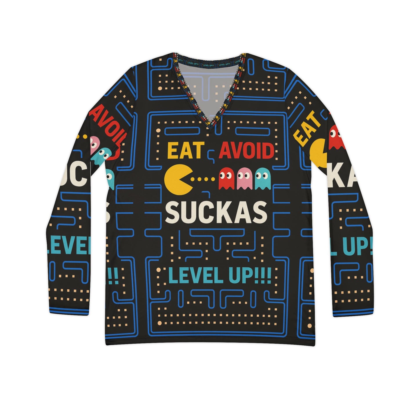 Eat, avoid suckers, level up Women's Long Sleeve Graphic V-Neck Shirt, Fun Comic Pop Art Top, Casual Wear, Gift for Her, Birthday Tee, Statement Shirt