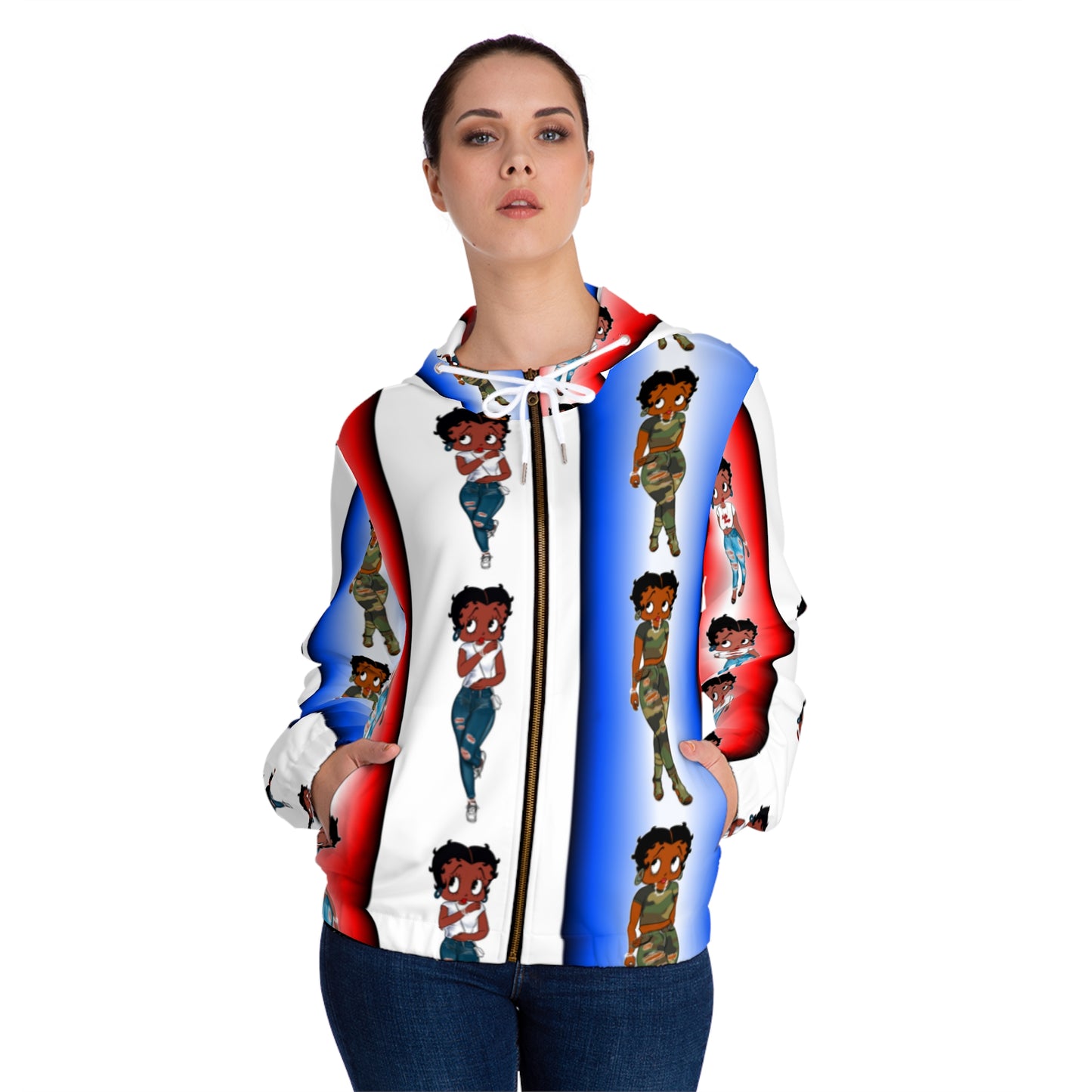 Betty boop red white and blue Womens Full-Zip Hoodie (AOP)