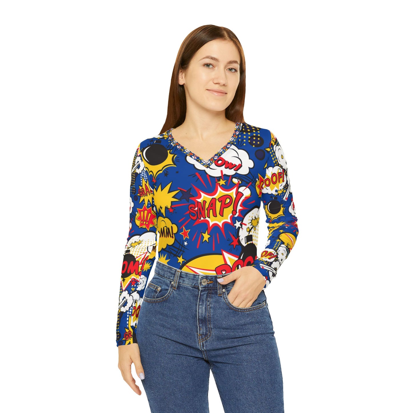 Bam ,boom, pow Women's Long Sleeve Graphic V-Neck Shirt, Fun Comic Pop Art Top, Casual Wear, Gift for Her, Birthday Tee, Statement Shirt