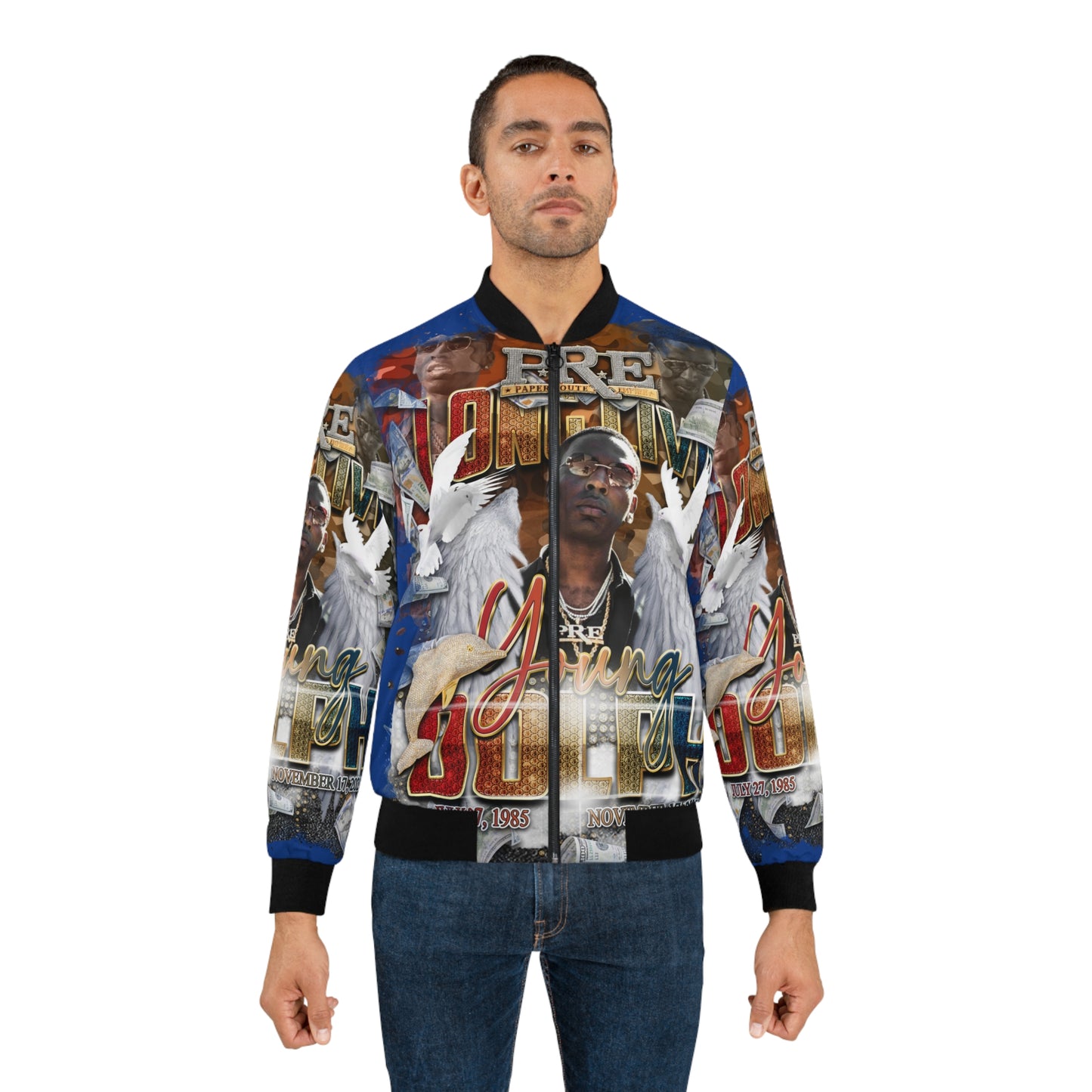 Young Dolph blue multicolor camouflage Men's Bomber Jacket (AOP)