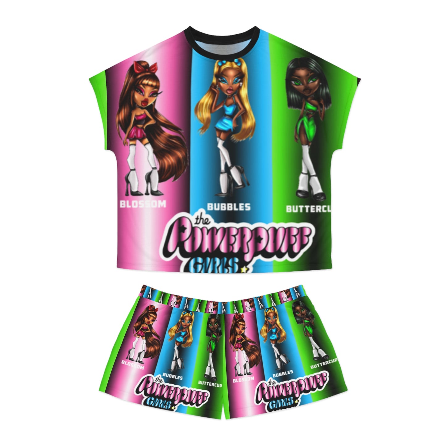The Powerpuff girls gradient green blue and pink Women's Short Pajama Set (AOP)