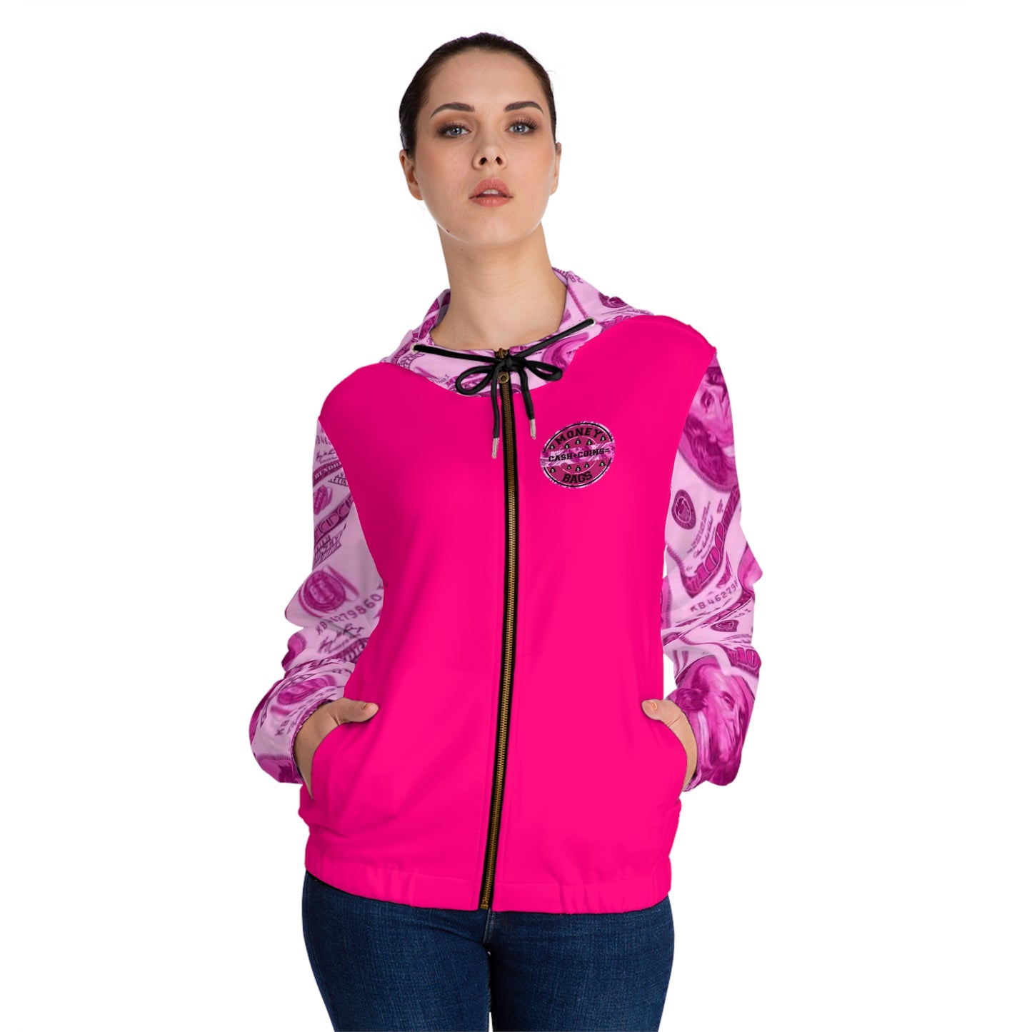 Money bags pink Women’s Full-Zip Hoodie (AOP)