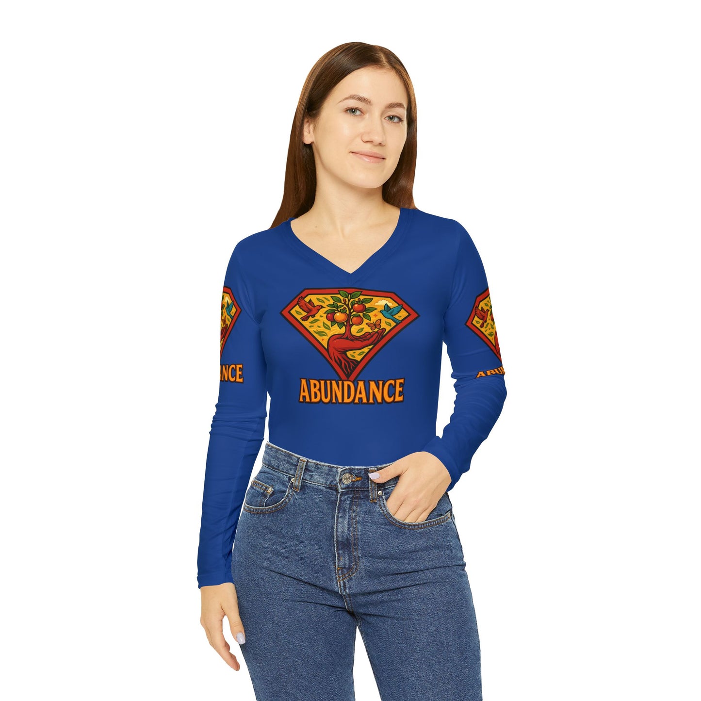 Abundance Long Sleeve V-neck Shirt, Rainbow Vibe Top, Gift for Her, Boho Style Apparel, Positive Energy Wear, Colorful Everyday Fashion