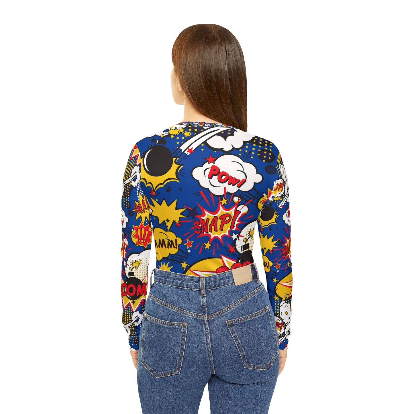 Bam ,boom, pow Women's Long Sleeve Graphic V-Neck Shirt, Fun Comic Pop Art Top, Casual Wear, Gift for Her, Birthday Tee, Statement Shirt