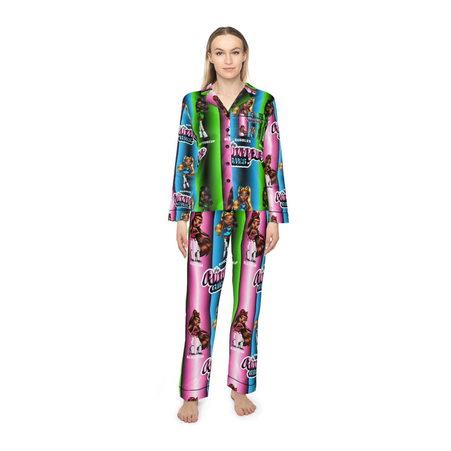 The Powerpuff girls gradient and green and pink Women's Satin Pajamas (AOP)