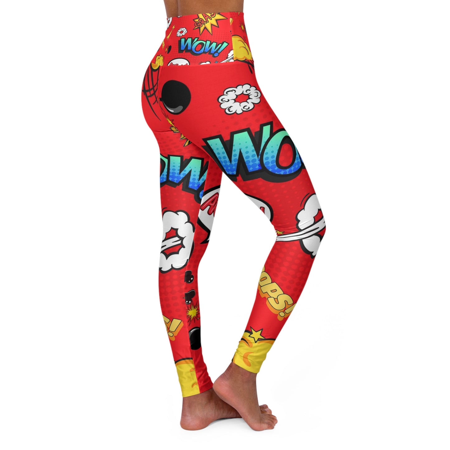 Wow, pow, red High Waisted Yoga Leggings (AOP)