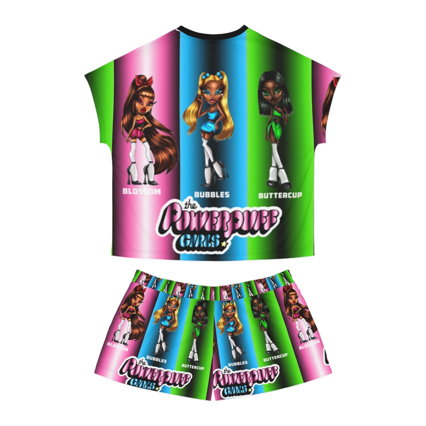 The Powerpuff girls gradient green blue and pink Women's Short Pajama Set (AOP)