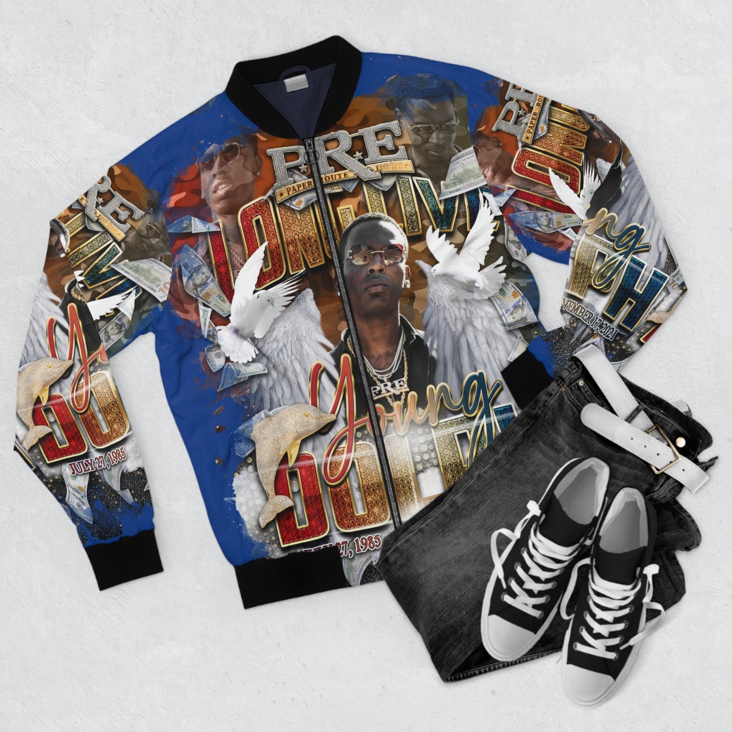 Young Dolph blue multicolor camouflage Men's Bomber Jacket (AOP)