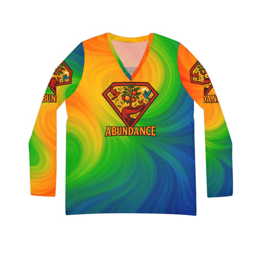 Abundance Long Sleeve V-neck Shirt, Rainbow Vibe Top, Gift for Her, Boho Style Apparel, Positive Energy Wear, Colorful Everyday Fashion
