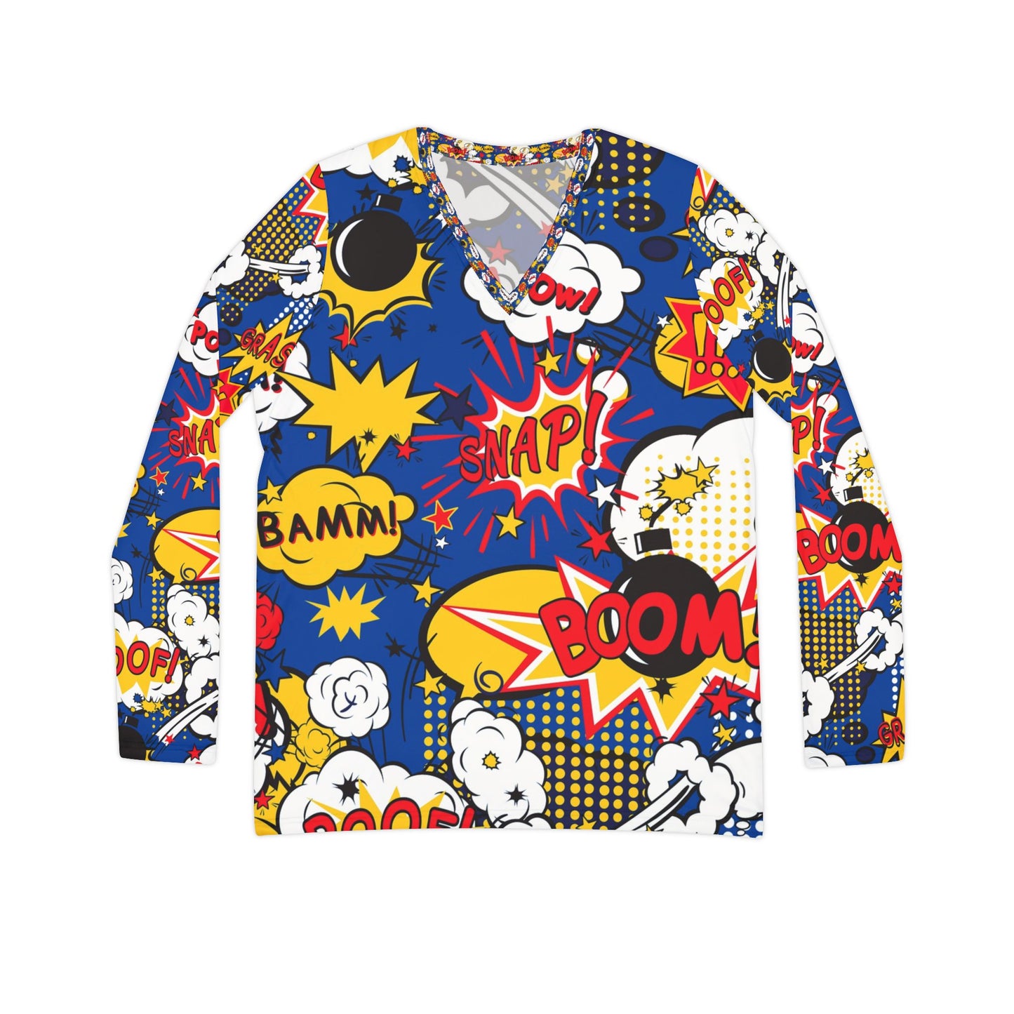 Bam ,boom, pow Women's Long Sleeve Graphic V-Neck Shirt, Fun Comic Pop Art Top, Casual Wear, Gift for Her, Birthday Tee, Statement Shirt
