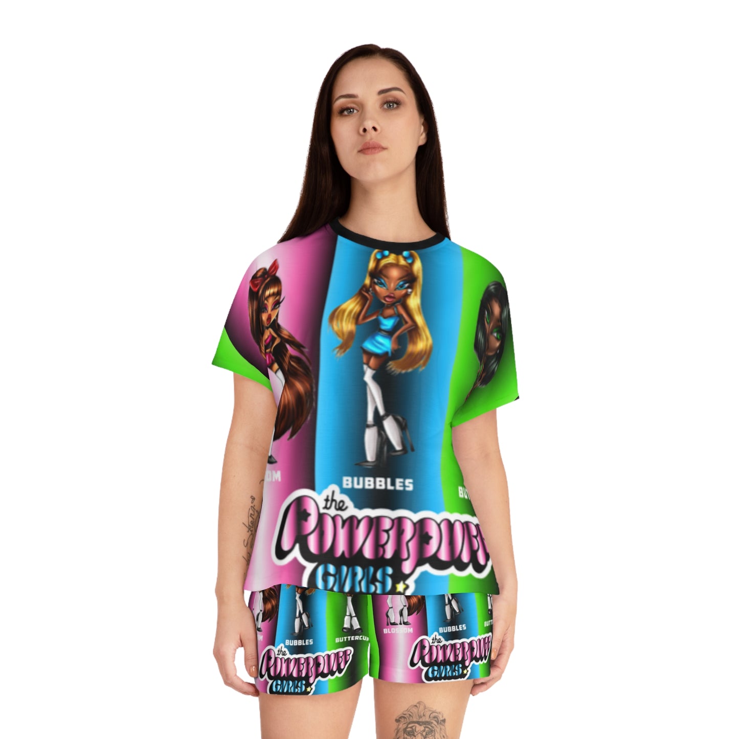 The Powerpuff girls gradient green blue and pink Women's Short Pajama Set (AOP)