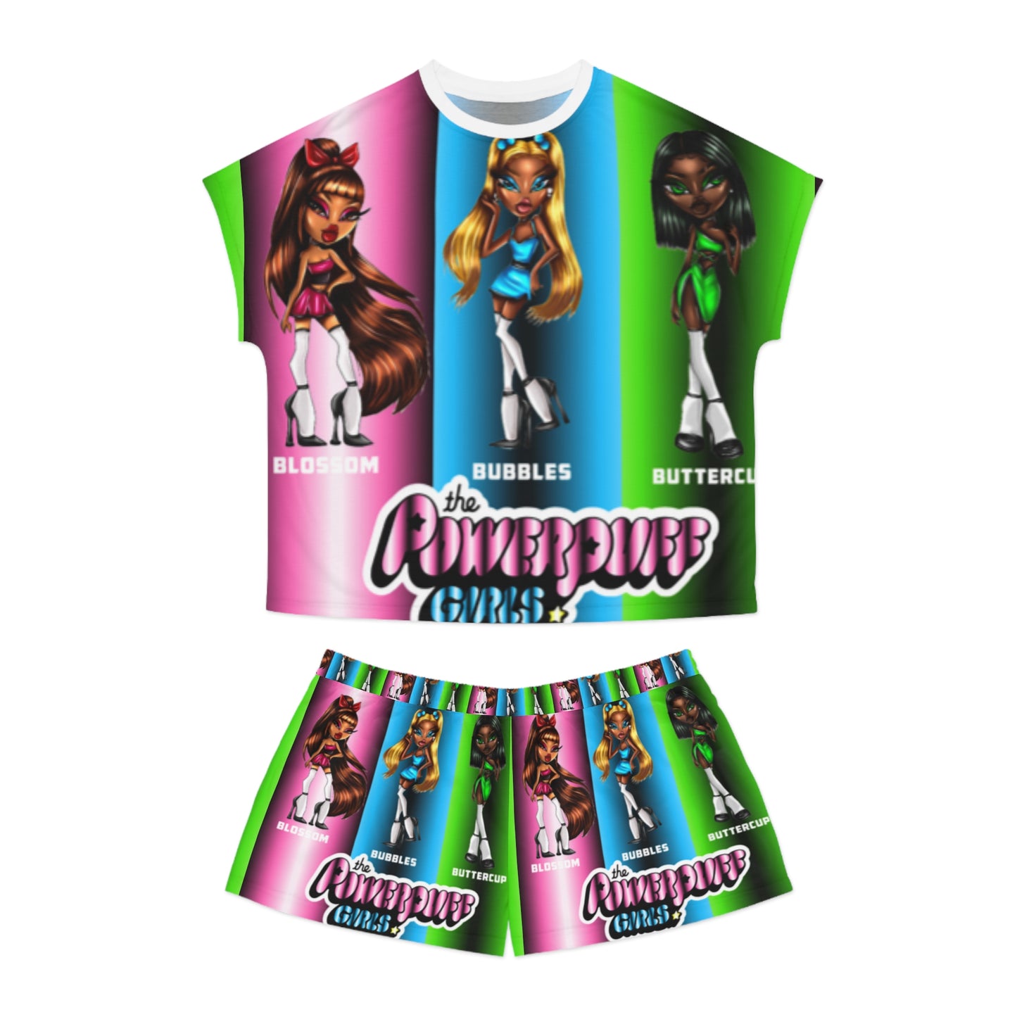 The Powerpuff girls gradient green blue and pink Women's Short Pajama Set (AOP)