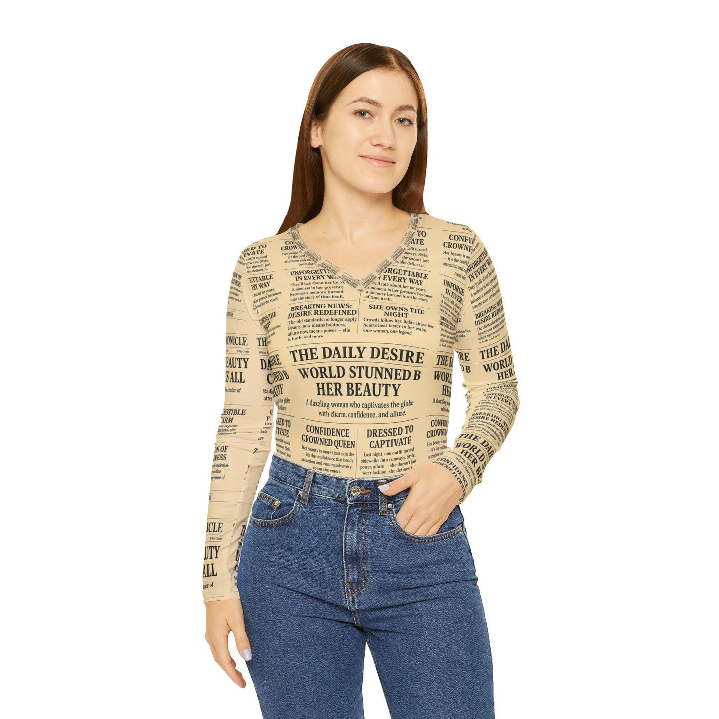 Newspaper sexy Women's Long Sleeve Graphic V-Neck Shirt, Fun Comic Pop Art Top, Casual Wear, Gift for Her, Birthday Tee, Statement Shirt